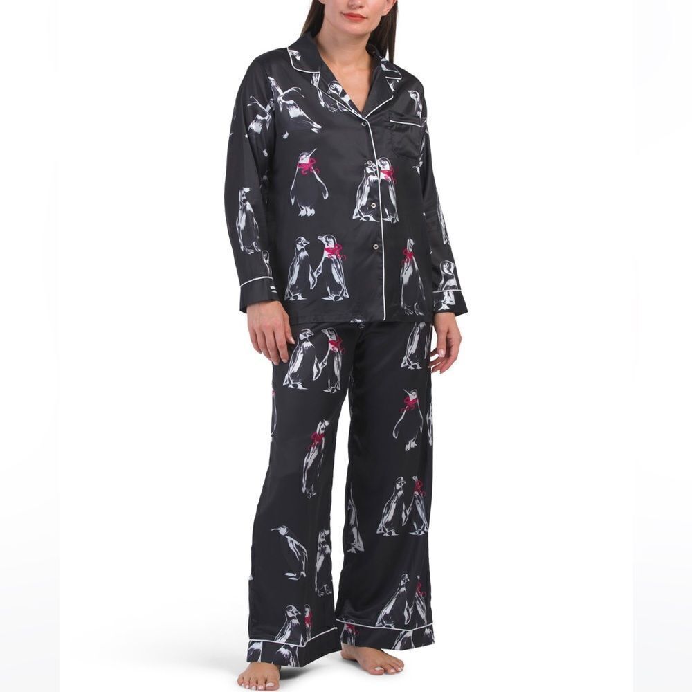 DALIA MACPHEE Black White Penguins in Pink Scarf Print Satin Notched PJ Set